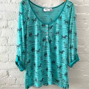 Vintage 80s Jody California Equestrian Horse Print Henley Top Size XL Blue Teal